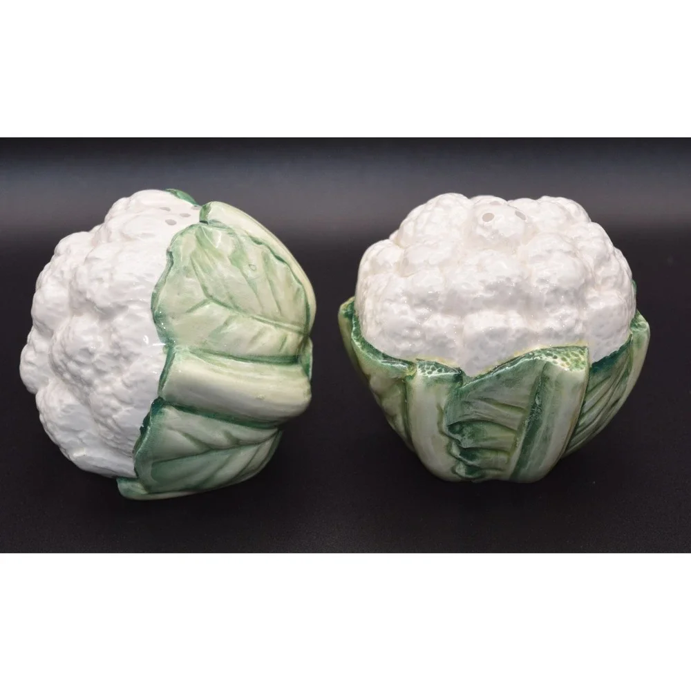 Fitz and Floyd Cauliflower Salt and Pepper Shakers 1989 White Green Excellent